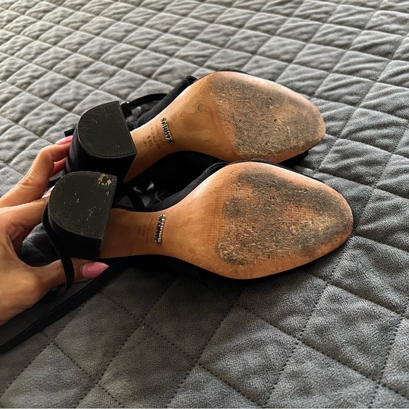 Schutz heels Women 8.5 Shoes Revolve Black Suede Tassel Block Open Toe Strappy - Picture 5 of 14